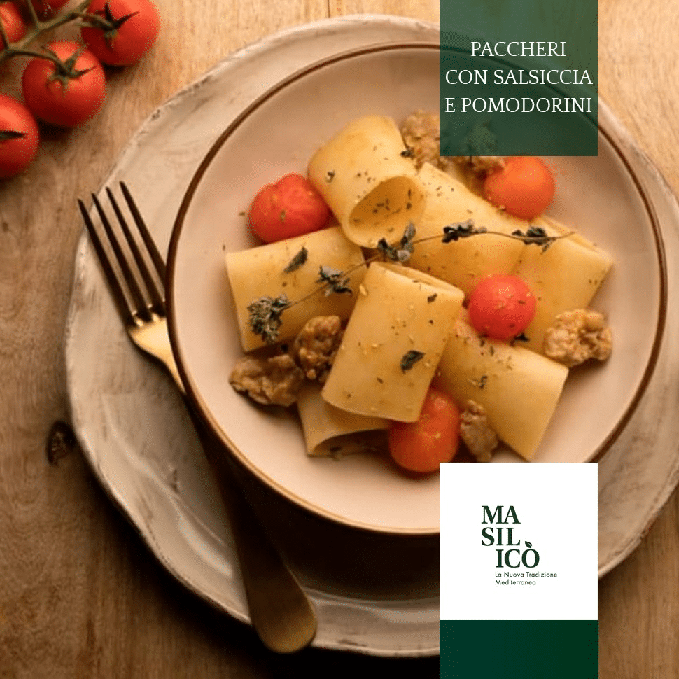 paccheri con salsiccia e pomodorini